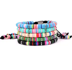 Thiết Kế Mới Đầy Màu Sắc Polymer Đất Sét Mix Bead Handmade Bohemia Phong Cách Biểu Tượng Tùy Chỉnh Macrame Vòng Đeo Tay Cho Phụ Nữ Người Đàn Ông