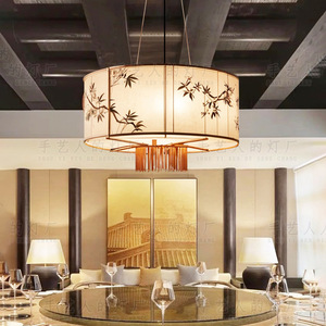 Lustre en tissu de style chinois, rond, doré, E27 LED, protection des yeux, pour restaurant, hôtel, salle de banquet - Product Image 1