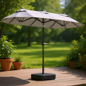Parasol de terrasse extérieur 1,35 m avec mât en aluminium, éclairage solaire, inclinaison à bouton-poussoir, base et design contemporain en polyester gris - Product Image 2