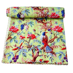 Couvre-lit Kantha imprimé à la main du Rajasthan, réversible, vintage, écologique, toutes saisons, double taille, 100% coton biologique - Product Image 1