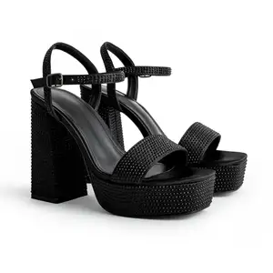 Women's Summer Shoes Black Luxury Rhinestones Nightclub Platform Waterproof Ankle Strap Women's High-heeled Sandals