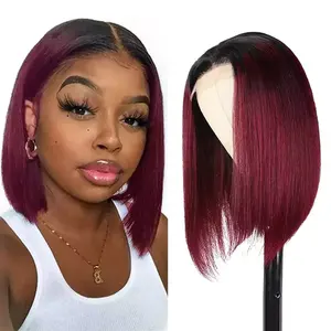 Wig Bob renda pendek lurus tulang 99J HD 13x4 vendor rambut manusia Virgin Brasil Wig kepang tanpa lem depan untuk WANITA HITAM