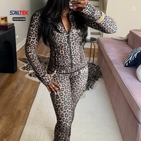 Ensemble de survêtement sexy à imprimé léopard personnalisé avec veste zippée intégrale et leggings, coupe ajustée, manches longues, pour le yoga et l'entraînement, 2 pièces pour femmes