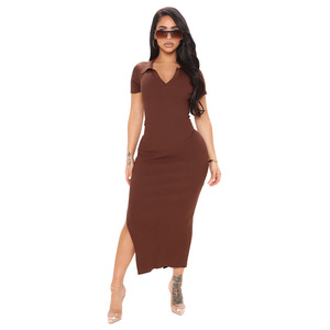 2023 vendita calda primavera estate nuovi abiti in maglia tinta unita con colletto basso filo sottile <span class=keywords><strong>abito</strong></span> <span class=keywords><strong>Midi</strong></span> <span class=keywords><strong>donna</strong></span> Sexy - Product Image 3