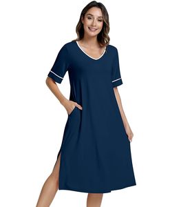 Liquidación de camisones: Pijama de mujer con cuello en V, manga corta, color liso, largo hasta la rodilla, de algodón suave, ropa de dormir. - Product Image 3