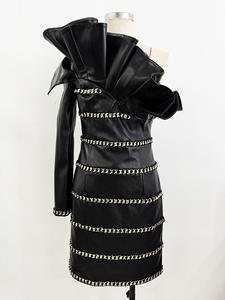 Robe en <span class=keywords><strong>cuir</strong></span> à manches uniques Bettergirl 2026, nouvelle collection, style industriel lourd, feuille de lotus tridimensionnelle - Product Image 2