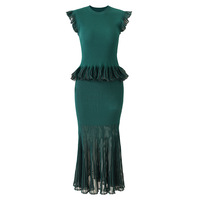 Ensemble élégant et stylé en patchwork avec garniture en tulle plissé, comprenant un haut pull sans manches à col rond et une jupe longue sirène, pour femme, en maille fine et respirante