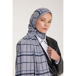 Pure Tone <b>Scarf</b> - Square Pattern - <b>Silver</b> - Navy Blue - Square Pattern - <b>Silver</b> - Navy Blue - Product Image 4