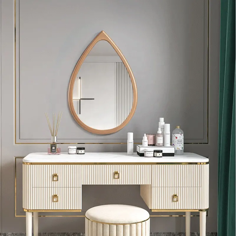 Espejo de maquillaje con forma de gota de agua, moderno, colgante de pared dorado, espejos de entrada personalizados