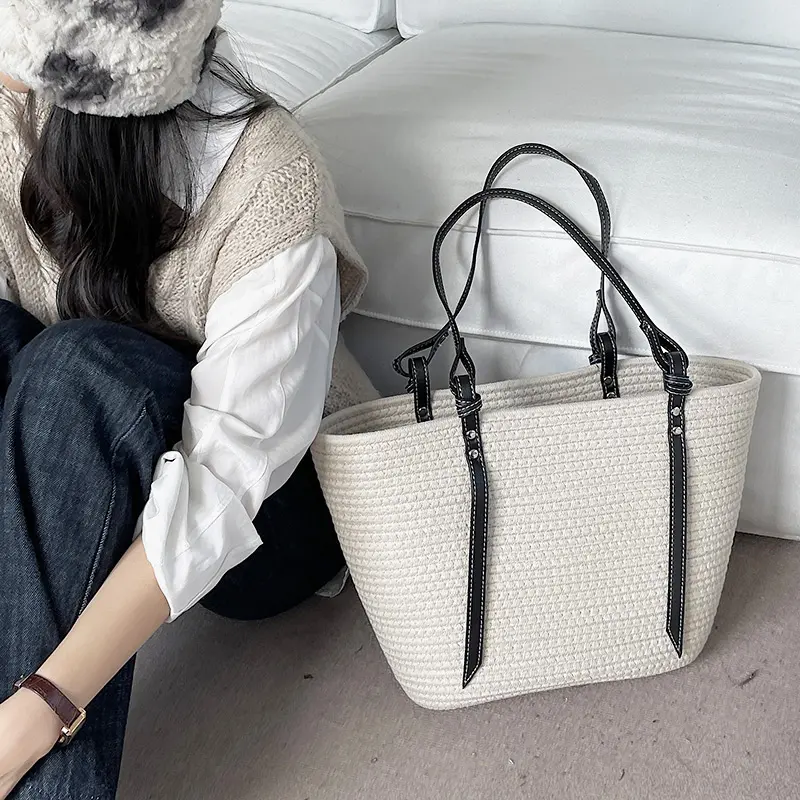 Lớn bông rơm bãi biển Tote Túi mùa hè Vai Túi 2024 công suất lớn handmade dệt bông dây túi