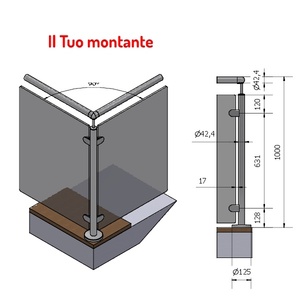 Fijación a suelo de acero inoxidable vertical redondo, altura 1,00 m, SKU, para vidrio de 90 ° en satinado AISI 304 - Product Image 1