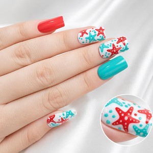 <span class=keywords><strong>Uñas</strong></span> postizas al por mayor con diseño de estrella de mar, forma ataúd/cuadrada, color <span class=keywords><strong>coral</strong></span> y turquesa, para playa, marca privada, <span class=keywords><strong>uñas</strong></span> artificiales al por mayor - Product Image 2