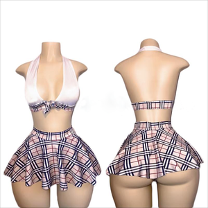 Conjunto Exótico de Tres Piezas con Estampado de Cuadros Maxsun al Por Mayor para Baile Exótico y Discoteca con <span class=keywords><strong>Minifalda</strong></span> - Product Image 1