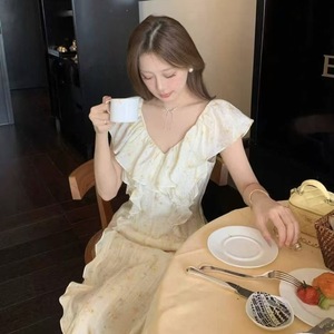 French Style V Neck Floral Print Dress With Ruffles For Women Summer Casual Long Dress Holiday Celebration Wear - Product Image 2