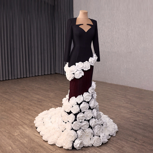 Rsm261003 Black <b>White</b> Sweetheart Long Sleeve Zipper Evening Dress 3D Flower Detail Luxury Customizable Abendkleider Jancember - Product Image 3