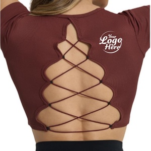 Haut court de yoga d'été personnalisable, respirant et léger, avec bretelles sexy au dos, coussinet de poitrine, manches longues, grandes tailles, coupe ajustée - Product Image 3
