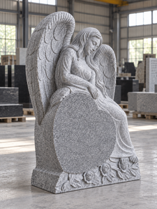 Statue d'ange de style américain traditionnel pour cimetière, pierre tombale avec sculpture de rose, monument en granit gris, marque américaine, modèle 02 - Product Image 6