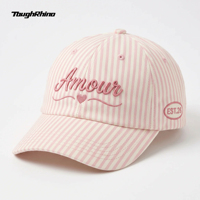 Casquette de baseball non structurée à 6 panneaux, rose à fines rayures, style « Dad Hat », avec logo brodé en relief 3D personnalisé, profil bas, pour femme et fille