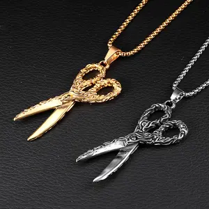 Junjiang SN0091latest design IP gold/anti silver scissors shaped pendant 316 stainless steel scissors necklace