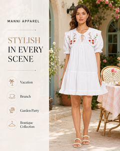 Fabrication <span class=keywords><strong>de</strong></span> vêtements OEM, robe blanche personnalisée, robe courte à volants et manches bouffantes brodée pour femmes - Product Image 4