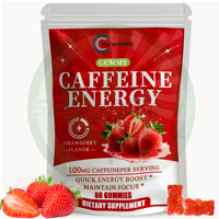 Complément alimentaire en gommes aromatisées aux fruits, marque privée OEM, 100 mg de caféine par portion, pour un regain d'énergie rapide et la maintenue de la concentration, 60 unités