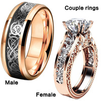 8mm Dragon Motif En Acier Inoxydable Couple Anneaux Exquis Coeur Strass Zircone Anneaux Ensemble pour Mariage Fiançailles Bijoux