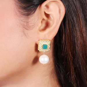New Arrival Gold Plated Brass Pearl and Green onyx Statement Cushion Earrings For Girls - Product Image 3