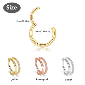 Juego de anillos de titanio para mujer, <span class=keywords><strong>Piercing</strong></span> para la nariz con diamante de circonita cúbica, doble aro dorado - Product Image 4