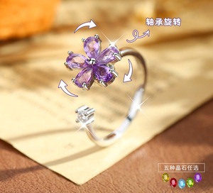 Bague ajustable en argent 925 avec fleur à cinq pétales rotative délicate, pierre naturelle taille poire 3*5mm, bijoux pour femme - Product Image 2