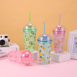 Trendy 450ml Peach Kiwi Pineapple Banana Fruit Double Wall <b>Plastic</b> Straw Cup with Silver Glitter Decor Dome Lid for Kawaii Girls - Product Image 6