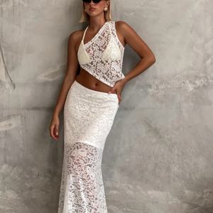 Conjunto de Encaje de Alta Calidad para Mujer, Top Corto con Falda Maxi Blanca, Traje Sexy para Mujer - Product Image 4