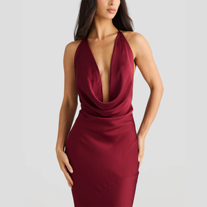 Personalizado peso ligero sedoso satén completamente forrado desmontable flor Halter Bias corte espalda descubierta señoras elegante Maxi tejido vestidos de noche - Product Image 5