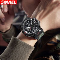 Montre de sport numérique SMAEL 8072MC unisexe, quartz, chronomètre, alarme, aiguilles lumineuses, design camouflage, étanche 50 bars, 51 mm, plongée