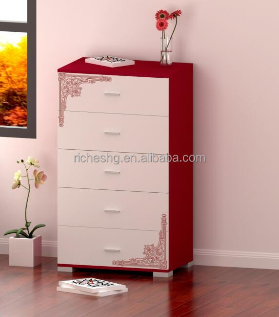 black and red narrow corner design MDF storage units with drawers