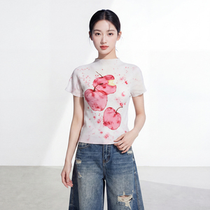 <b>Women's</b> Casual Short Sleeve Loose Fit Knitted Chiffon With Cherry Print <b>Top</b> Eco-Friendly Vintage Breathable Slim Fit All seasons - Product Image 2
