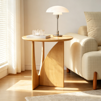 Table basse en bois massif, style scandinave, ronde, idéale pour les petits salons ou chambres à coucher, directement de l'usine.