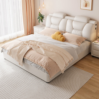 Lit capitonné moderne en cuir de luxe italien JUNYUHAO avec rangement, éclairage intégré et cadre ergonomique en pin – Tailles Queen et King