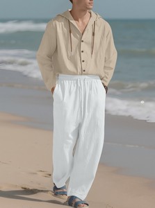 Completo da <span class=keywords><strong>uomo</strong></span> europeo <span class=keywords><strong>e</strong></span> americano in tinta unita, composto da <span class=keywords><strong>camicia</strong></span> casual a maniche lunghe con cappuccio <span class=keywords><strong>e</strong></span> coulisse <span class=keywords><strong>e</strong></span> <span class=keywords><strong>pantaloni</strong></span> larghi in cotone <span class=keywords><strong>e</strong></span> <span class=keywords><strong>lino</strong></span>. - Product Image 3