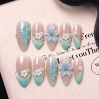 Faux ongles à presser 3D faits main, forme amande moyenne française, sans lampe UV, couvrance totale, PMMA, réutilisables, 10 pièces