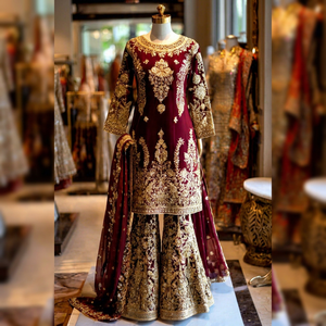 Traditional Embroidered Satin Velvet Kurta Sarara Set Dupatta Floral Pattern Women India Pakistan Wedding Engagement Dress - Product Image 1