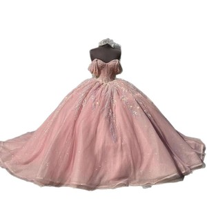 Pink Off Shoulder Ball Gown Sequined Lace Tulle Corset Sweet Prom Dress Natural Waistline - Product Image 3