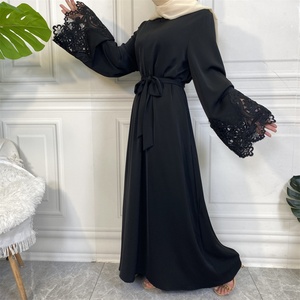 Solid Color Closed Lace Abaya Design <b>Maxi</b> Dress With Matching Floral Lace Sleeve and Front Zipper for Islamic Dubai Muslim Women - Product Image 3