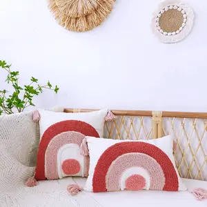 Latch Hook bordir Boho bantal penutup penuh warna pola pelangi halaman kerajinan Crochet jarum pukulan bantal penutup