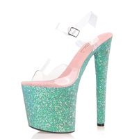 Nouvelles sandales d'été pour femmes à bride cheville, talons hauts sexy de 20 cm, vert fluorescent, film lumineux, talon fin de 8 pouces, sac inclus