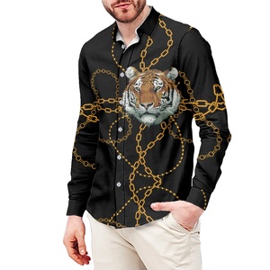 Chemises pour hommes en gros, manches longues, décontractées, motif tigre avec chaîne dorée, <span class=keywords><strong>chemise</strong></span> boutonnée pour hommes, chemises noires personnalisées pour hommes - Product Image 3