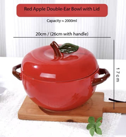 Pot à soupe de nouilles en céramique, grand, mignon, motif pomme rouge et verte à double anse, peint à la main sous glaçure 3D, anti-brûlure, pour la maison