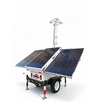 Remorque d'éclairage solaire mobile avec mât réglable en hauteur, alimentée par panneaux solaires, projecteur pour usine