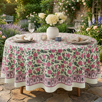 Nappe de table PRABHAVA style vintage faite à la main, personnalisée, imprimée au bloc, 45 pouces, coton et lin, motif floral moderne, lavable
