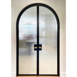 Portes françaises cintrées intérieures avec verre cannelé pour maisons, cadre noir, porte en verre à battants, manuelle pour appartement - Product Image 1