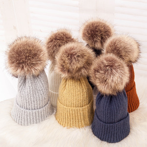 Chapeaux tricotés chaud uni femmes dames hiver fausse fourrure boule Pom Pom Beanie chapeau - Product Image 1